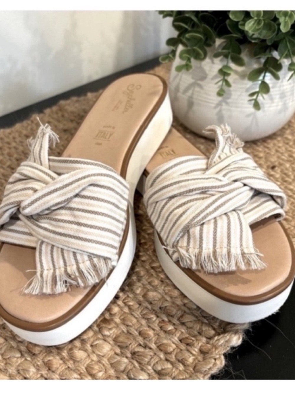 Seychelles Coast Slide Sandal Canvas White Tan Knotted Fringed Womens 8.5 Italy